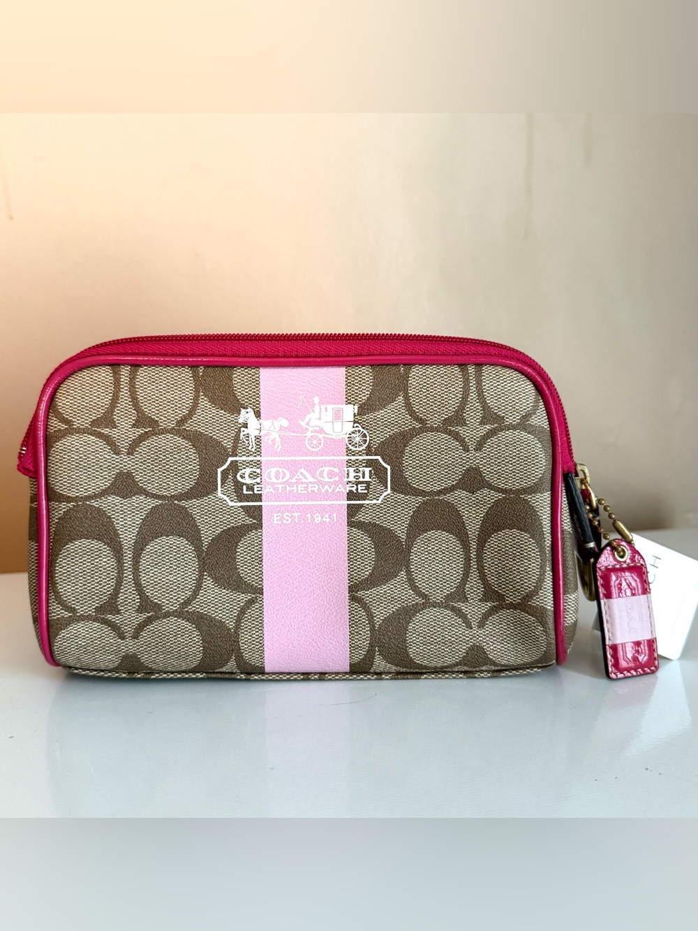 COACH LEATHERWARE HERITAGE SIGNATURE KHAKI/PINK BEAUTY COSMETIC POUCH NWT